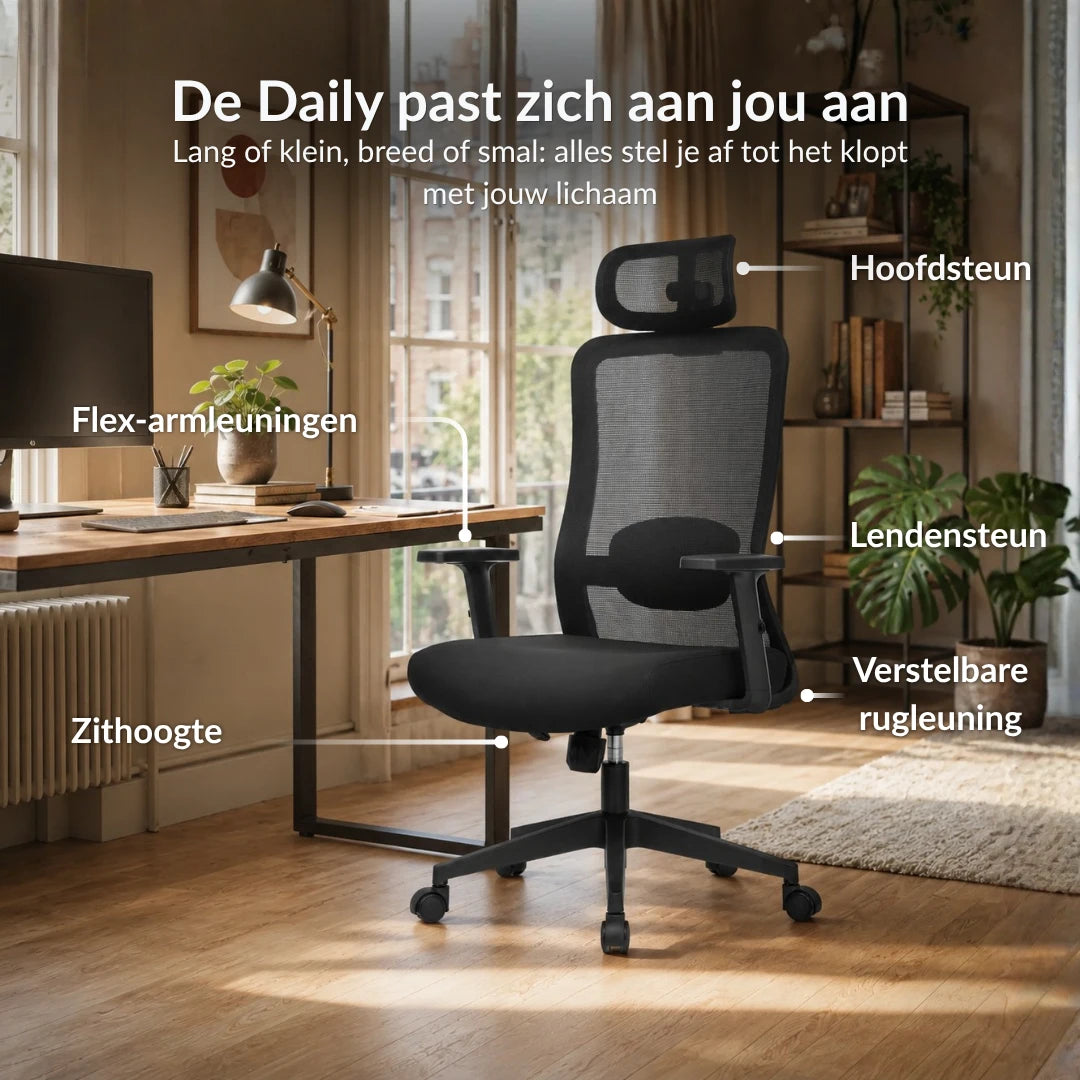Alygn Core Daily midnight black ergonomische bureaustoel met 5 verstelpunten die zich aanpassen aan jouw ergonomische zithouding