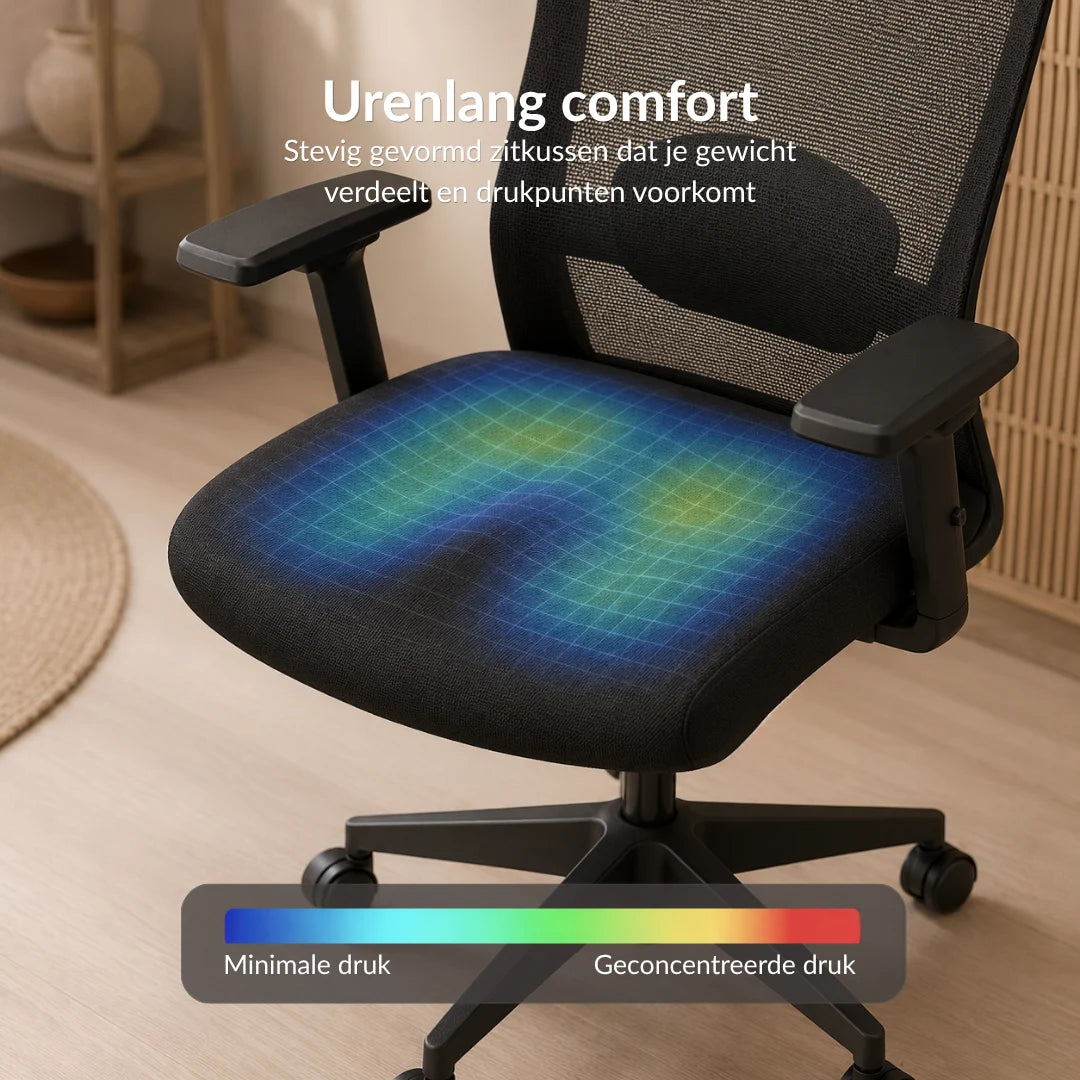 Drukverdeling op de comfortabele zitting van de Alygn Core Daily midnight black ergonomische bureaustoel, weergegeven als warmtekaart