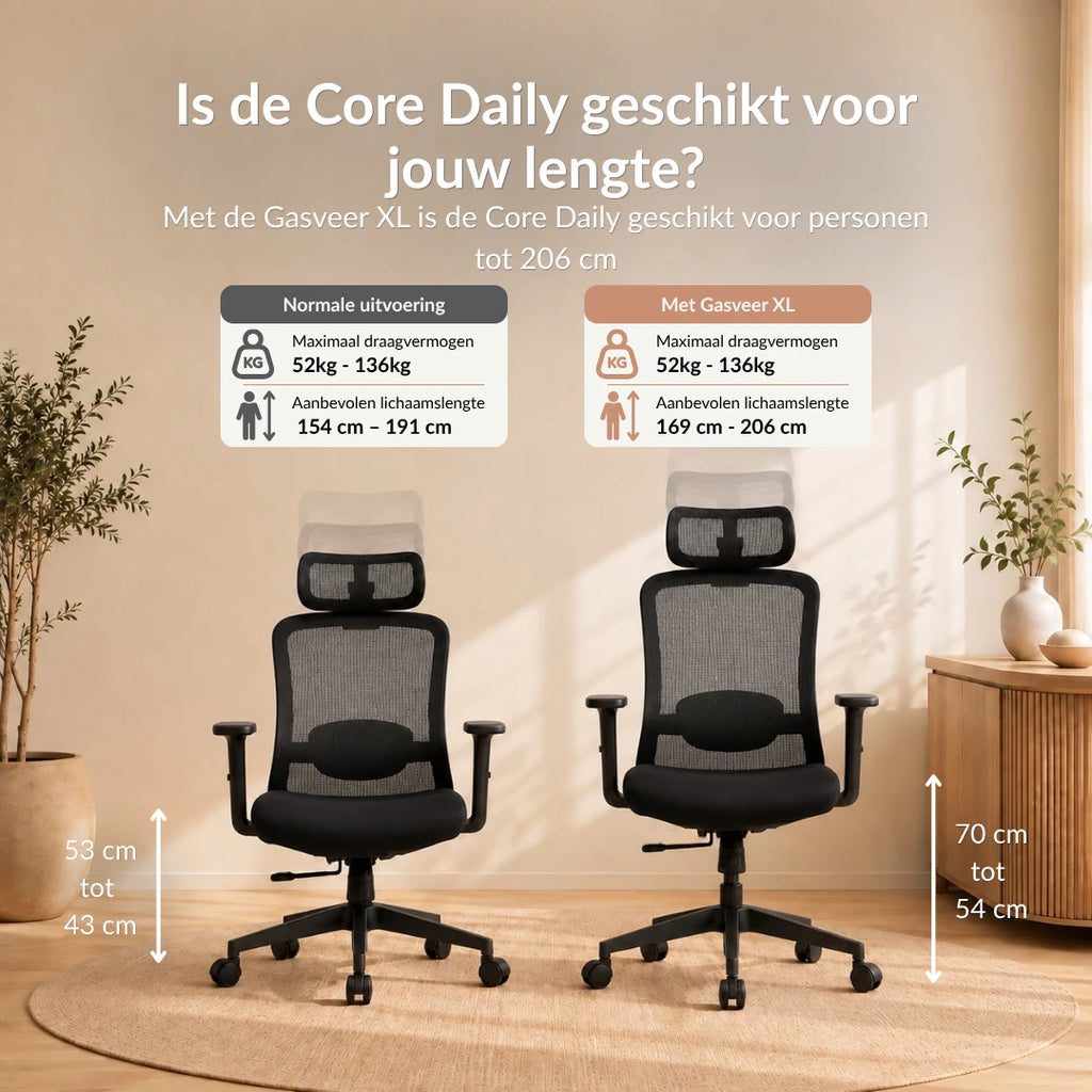 Vergelijking van de standaard en XL gasveer van de Alygn Core Daily midnight black ergonomische bureaustoel voor de juiste zithoogte per lichaamslengte