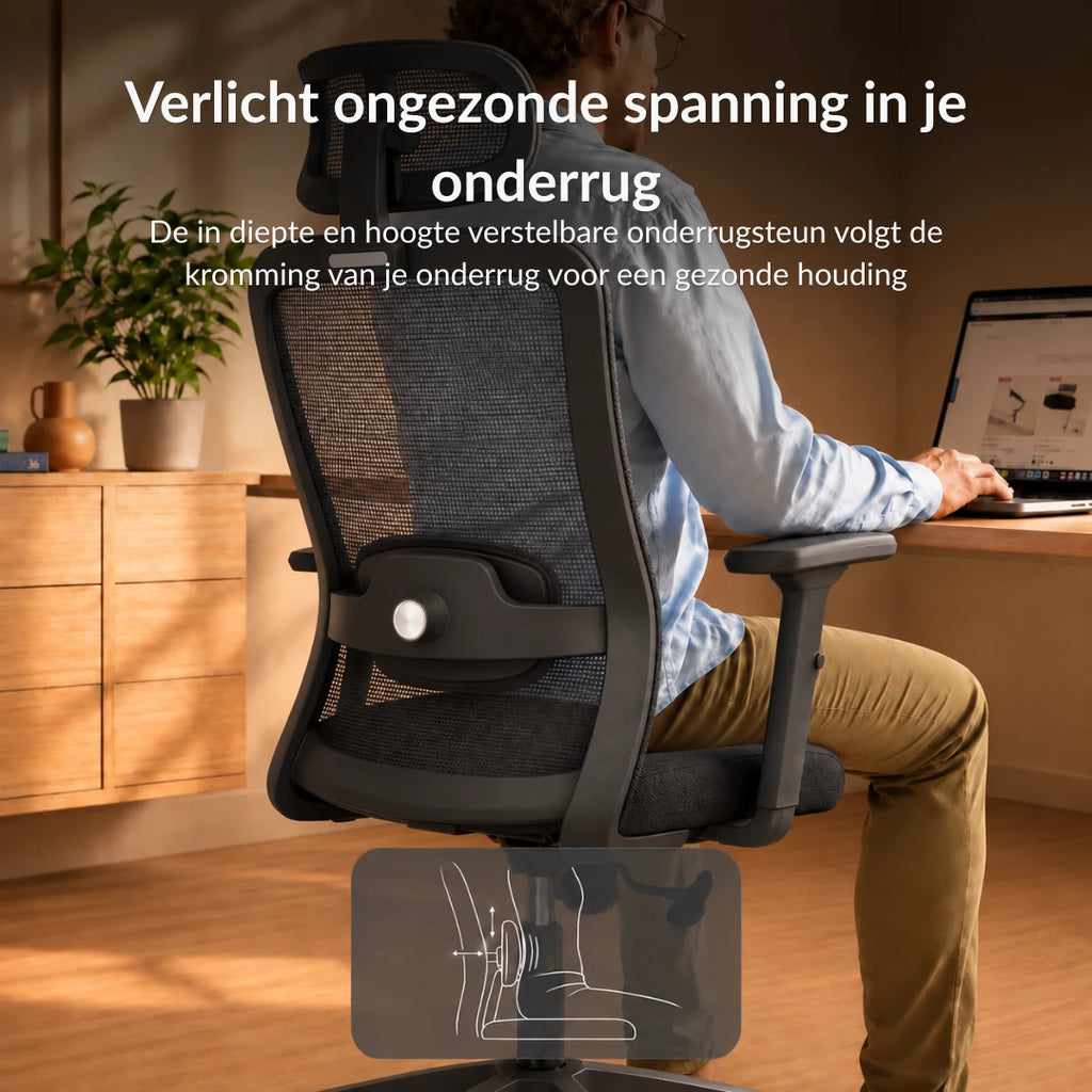 Verstelbare lendensteun van de Alygn Core Daily midnight black ergonomische bureaustoel die opgebouwde spanning in de onderrug verlicht