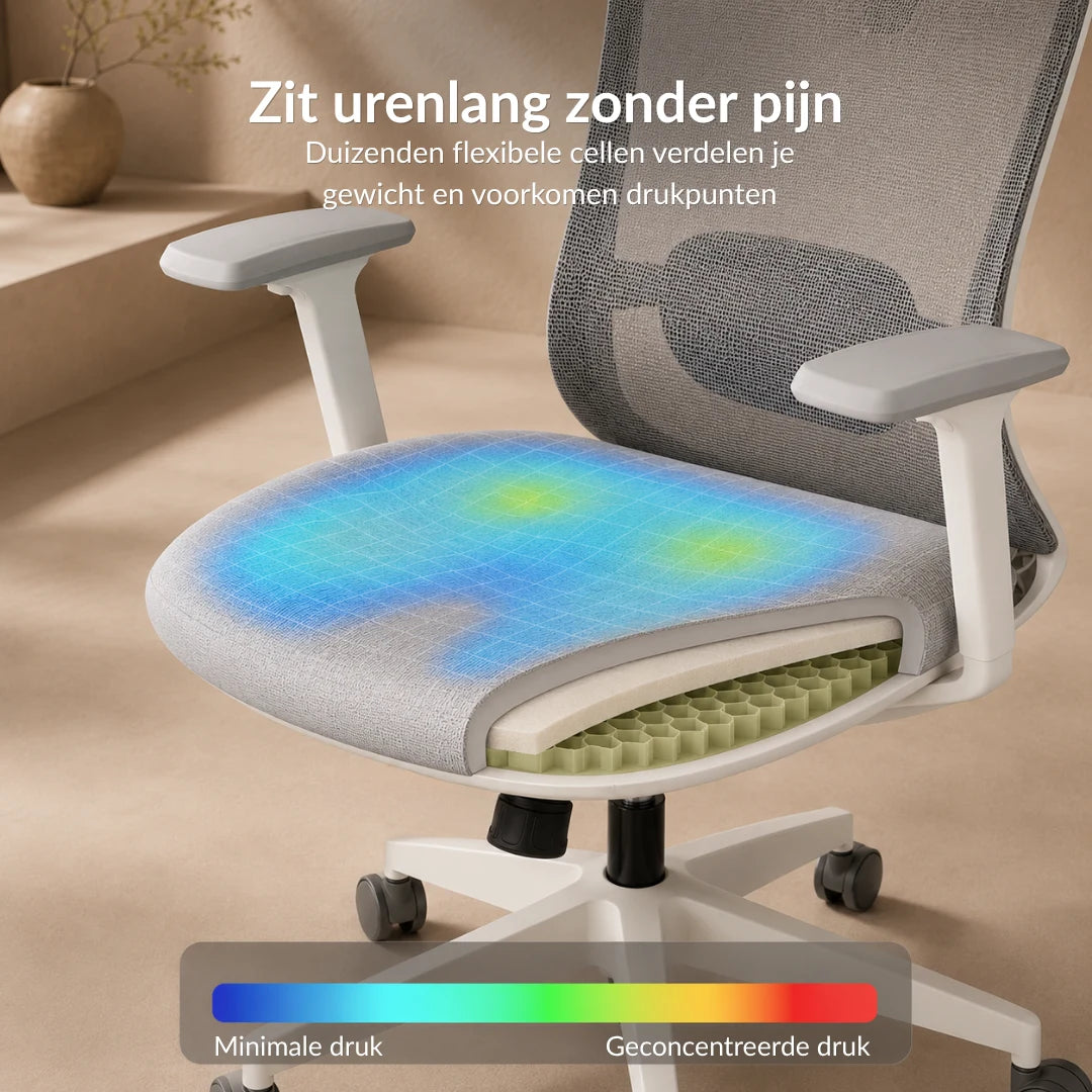 [Stone Grey] Close-up van de Honeycomb-zitting van de Alygn Core Pro ergonomische bureaustoel die het gewicht gelijkmatig over het zitvlak verdeelt