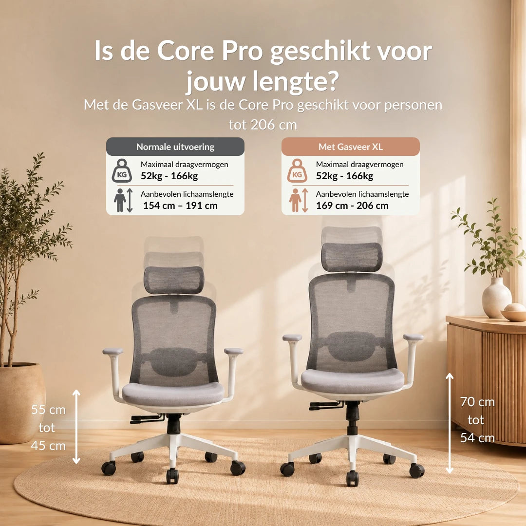 [Stone Grey] Vergelijking van de standaard en XL gasveer van de Alygn Core Pro ergonomische bureaustoel voor de juiste zithoogte per lichaamslengte